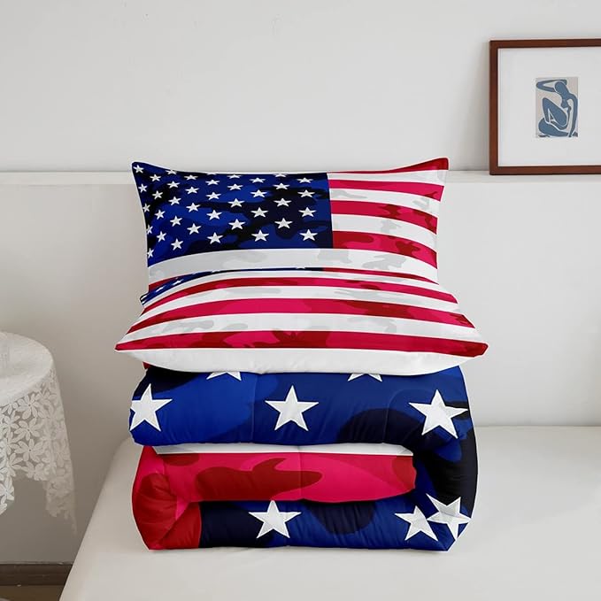 Feelyou American Flag Bedding Set Camouflage USA Flag Comforter Set Army Camo Flag Comforter Blue Red and White Stars Down Alternative Comforter for All Season Room Decor Queen Size