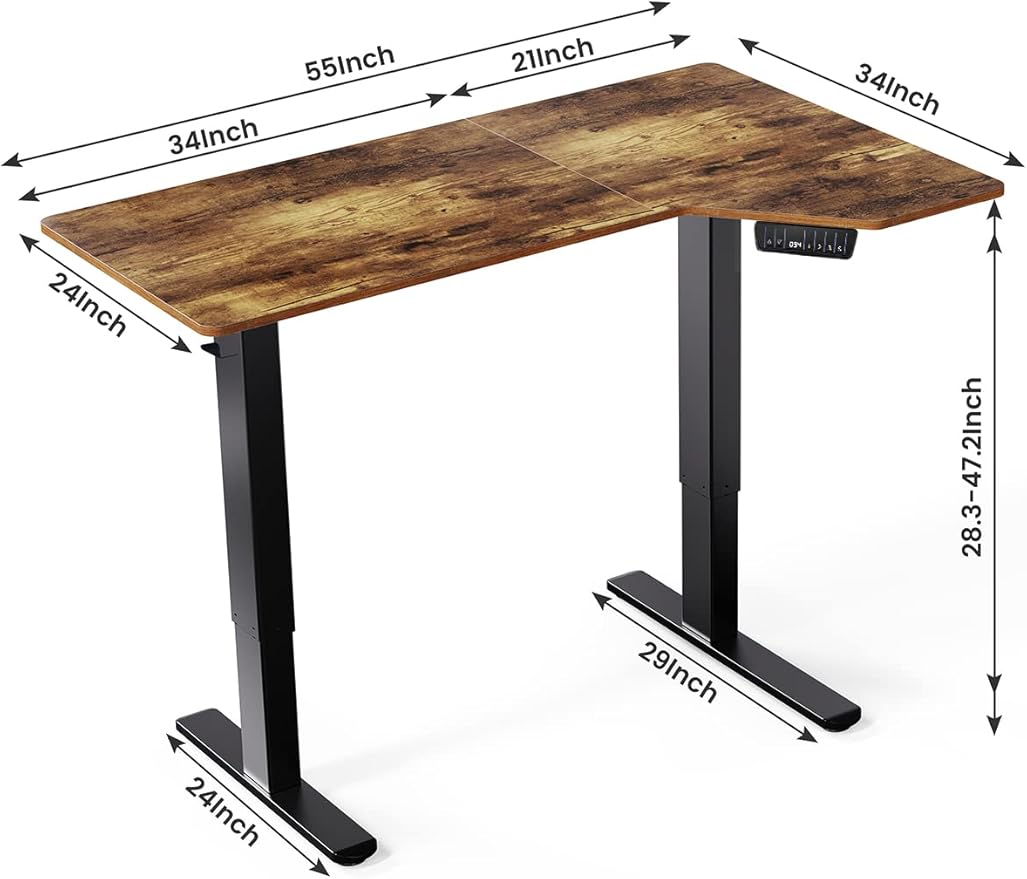 Electric Standing Desk, Height Adjustable Sit Stand up Desk, L-Shaped Memory Home Office Desk With Hook, 55 x 34 inch, Rustic