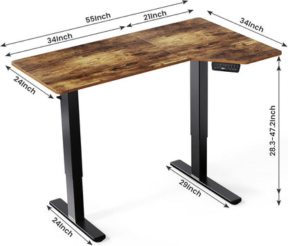 Electric Standing Desk, Height Adjustable Sit Stand up Desk, L-Shaped Memory Home Office Desk With Hook, 55 x 34 inch, Rustic