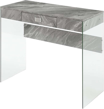 Convenience Concepts SoHo 1 Drawer Glass 36 inch Desk, Gray Faux Marble/Glass