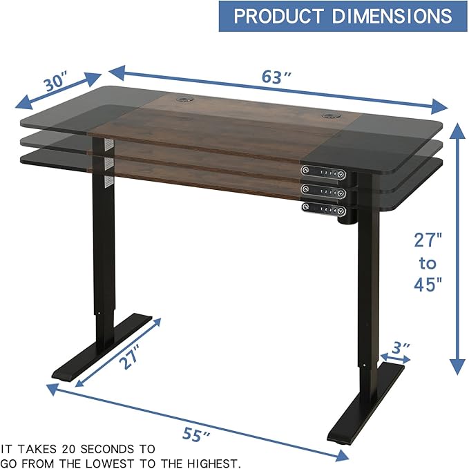Adjustable Height Electric Standing Desk - 63 x 30 Inch Sit Stand Computer Desk with Splice Board, Stand Up Desk Table for Home Office, Black Frame/Black and Rustic Brown Top