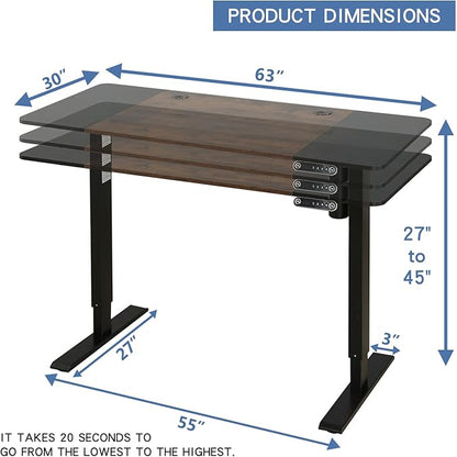 Adjustable Height Electric Standing Desk - 63 x 30 Inch Sit Stand Computer Desk with Splice Board, Stand Up Desk Table for Home Office, Black Frame/Black and Rustic Brown Top