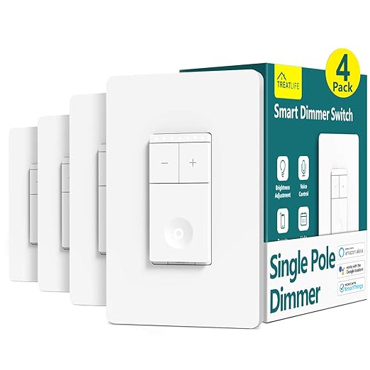 TREATLIFE Smart Dimmer Switch 4 Pack, Smart Light Switch Works with Alexa and Google Assistant, Neutral Wire Needed, 2.4Ghz Wi-Fi, Schedule, Remote Control, Single Pole, FCC Listed