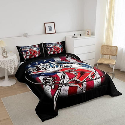 Fishing Comforter King Bass Fish American Flag Bedding Set Farmhouse Pike Fishing Comforter Set for Kids Boys Girls Teens Room Wild Fish Decor Red Blue Stripe Quilt Down Comforter Boys