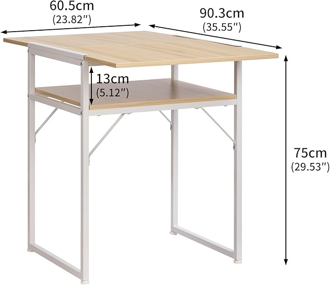 Minimalist Folding Table, Study Desk with Storage Shelf, Small Desk, Portable Computer Desk for Home, Office, Light Brown