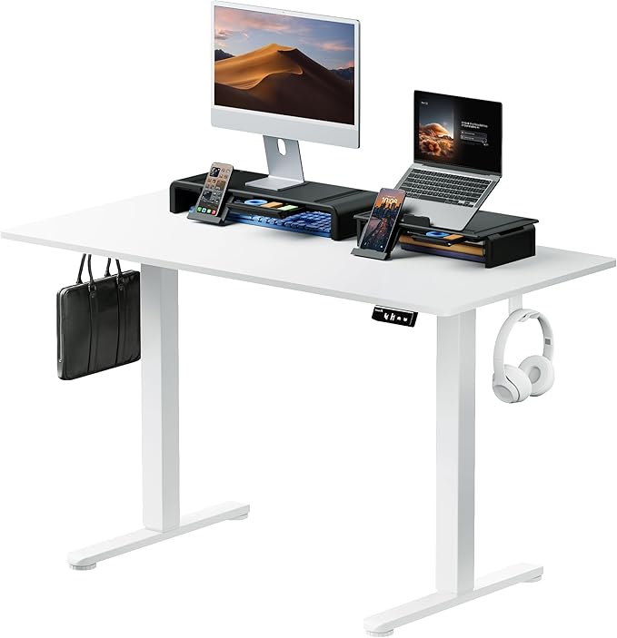 ProtoArc Standing Desk with Dual Monitor Stand Riser, 48 x 24 Inches Height Adjustable Desk with Storage, Electric Stand up Desk with Laptop Stand (Black/White)