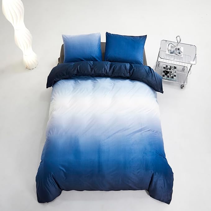 Blue White Gradient Comforter Set King Blue Velvet Bedding Comforter Modern Plain White and Royal Blue Gradient Soft Quilt Farmhouse Flannel Comforter Warm King Bed Comforter