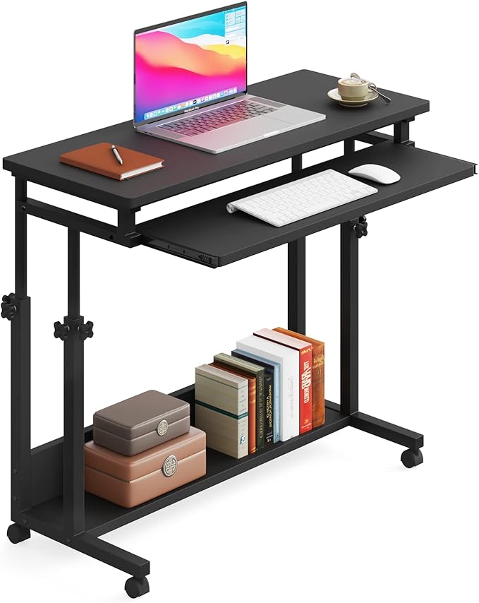 Tribesigns Portable Desk for Sofa and Bed, Height Adjustable Mobile Laptop Table Small Standing Desk Rolling Computer Cart with Keyboard Tray on Wheels for Home Office (Black)