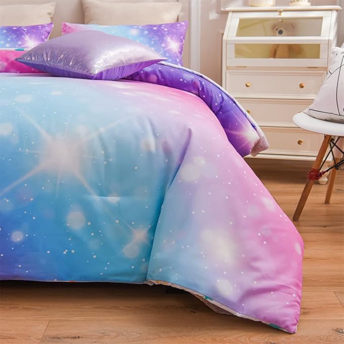 Holawakaka Kids Space Star Glitter Comforter Set Ombre Pink & Blue Print Gradient Bedding Set Twin Size (Pink Lavender, Twin)