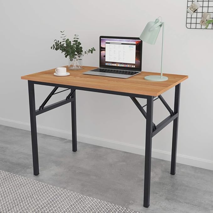 SDHYL 39 inchesNo Assembly Foldable Computer Desk for Home Office Workstation, Study and Writing, Teak Board and Black Leg