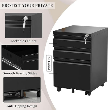 3-Drawer Mobile File Cabinets Rolling Metal Filing Cabinet for Legal & Letter File Anti-tilt Design with Lock Under Desk Office Drawers Fully Assembled Except Casters Black