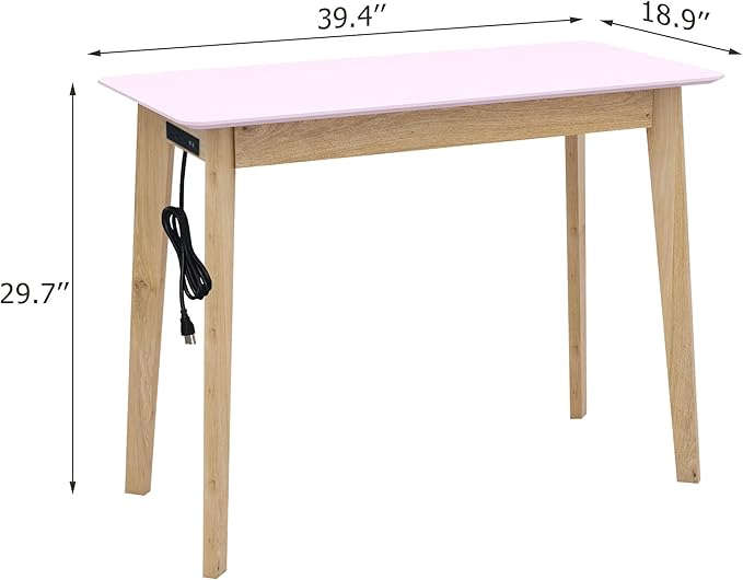TaoHFE Pink Vanity Table with Rubber Wood Legs Small Spaces Girl Vanity Desk Glossy Pink 39 Inch Makeup Desk with USB Dressing Table No Mirror Computer Desk for Home Modern Vanity Desk for Bedroom