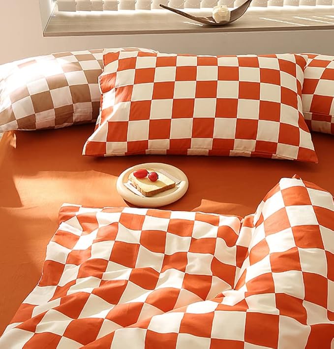 Orange White Grid Comforter Set Full Burnt Orange Plaid Bedding Set Girls Reddish and White Checkered Bed Comforter Set Breathable Blanket Set Kids Durable Bedding Comforter Set