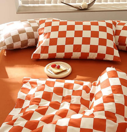 Orange White Grid Comforter Set Twin Burnt Orange Plaid Bedding Set Girls Reddish and White Checkered Bed Comforter Set Breathable Blanket Set Kids Durable Bedding Comforter Set
