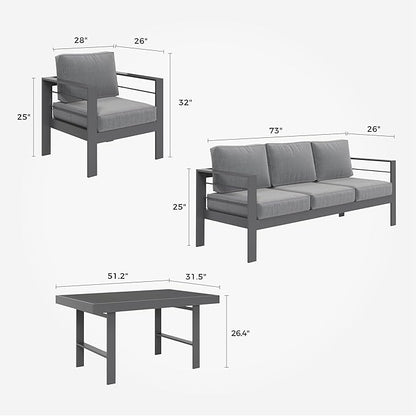 Solaste Aluminum Patio Furniture Set, 4 Pcs Modern Outdoor Conversation Set Couch Sofa with Upgrade Cushion and Dining Table,White