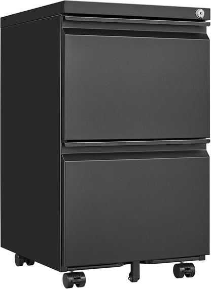 2 Drawer Mobile Lock and Casters,Pre-Assembled Metal Office Storage Filing Cabinets w/Anti-Dumping Fifth Round,for Letter/Legal/A4 Size,Black