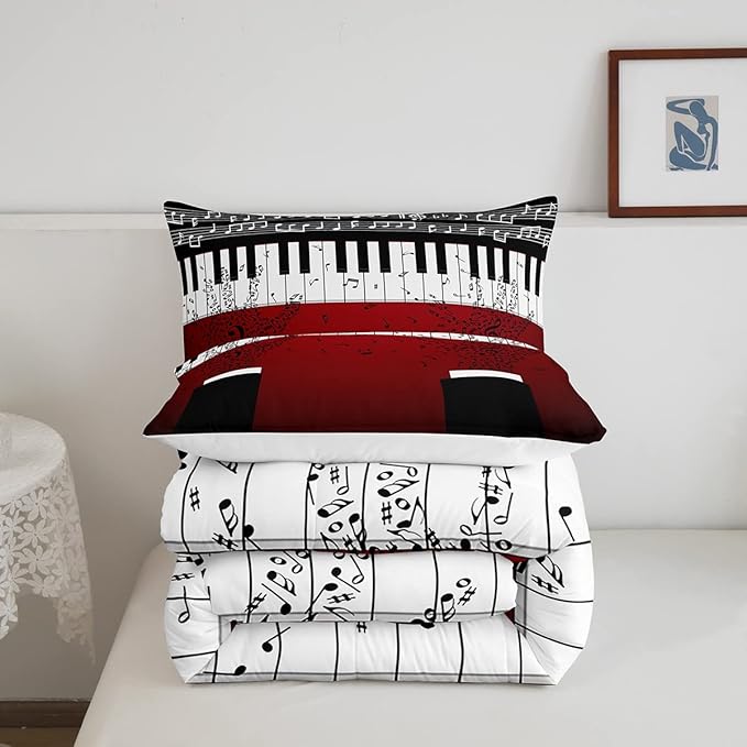 Erosebridal Music Notes Comforter Set for Kids Boys Teens Men Piano Keys Down Comforter Full Size Rock Musical Bedding Set Play Piano Duvet Sets Music Bedroom decor with 2 Pillow Cases Red Black
