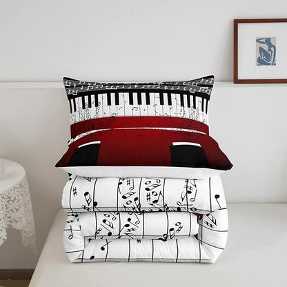Erosebridal Music Notes Comforter Set for Kids Boys Teens Men Piano Keys Down Comforter Full Size Rock Musical Bedding Set Play Piano Duvet Sets Music Bedroom decor with 2 Pillow Cases Red Black