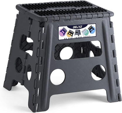 Delxo Folding Step Stool 13 inch Height Heavy Duty Foldable Step Stools for Adults and Kids,Kitchen Small Collapsible Fold Up Stepping Stool 1 Pack in Grey Dotted Texture