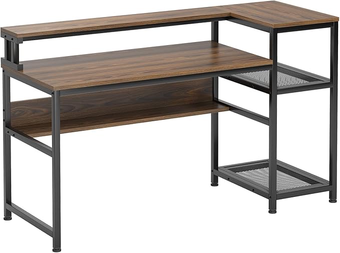 soges 62 Inch Computer Desk with Elevated Monitor Shelf, Home Office Desk with Storage Shelves, CPU Stand, Study Writing Table Workstation with Printer Stand