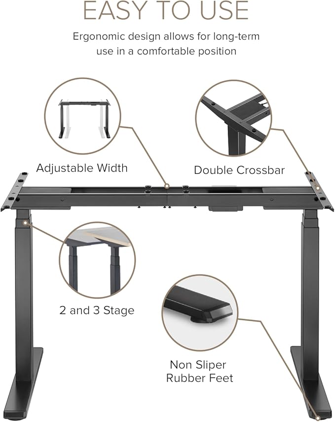 POUT TEKDEC Dual Motor 3-Stage Electric Adjustable Standing Computer Desk Base 24.4” - 51" Height for Home and Office (Black)