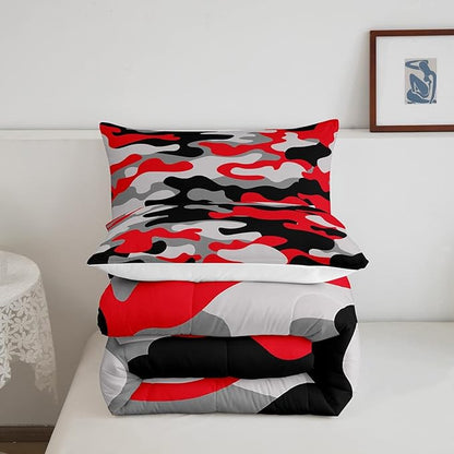 Feelyou Twin Size Camouflage Comforter Set 3Pcs Kids Bedding Set for Boys Girls Teens 1 Comforter & 2 Pillowcases(Twin,Red Black)