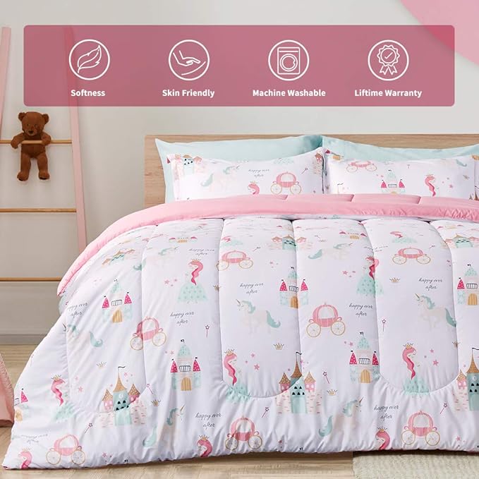 SLEEP ZONE Kids Bedding Comforter Set Full/Queen Size - Super Cute & Soft Kids Bedding 7 Pieces Set with Comforter, Sheet, Pillowcase & Sham (Princess Castle)