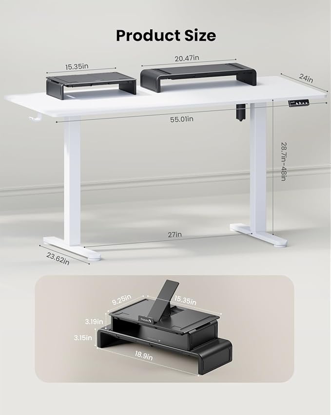 ProtoArc Standing Desk with Dual Monitor Stand Riser, 55 x 24 Inches Height Adjustable Desk with Storage, Electric Stand up Desk with Laptop Stand (Black/White)