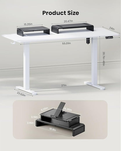 ProtoArc Standing Desk with Dual Monitor Stand Riser, 55 x 24 Inches Height Adjustable Desk with Storage, Electric Stand up Desk with Laptop Stand (Black/White)