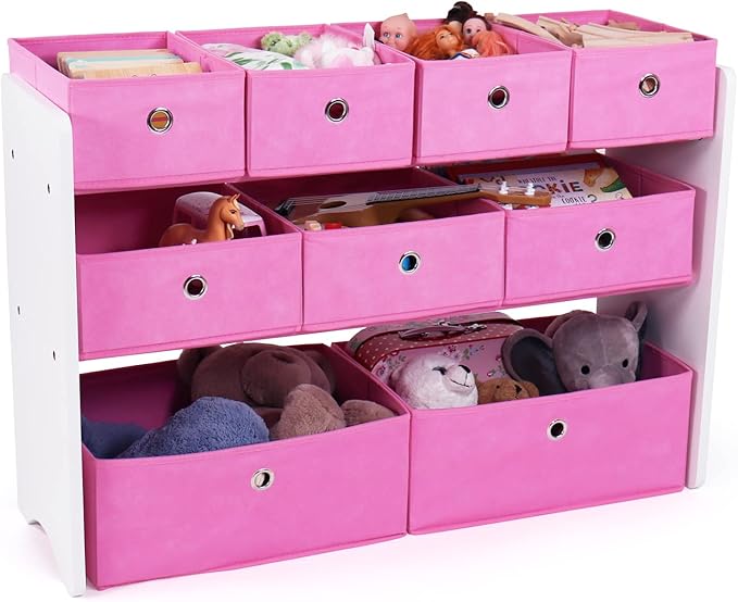 Humble Crew Kids Toy Organizer with 9 Collapsible Fabric Storage, White Wood and Pink Bins