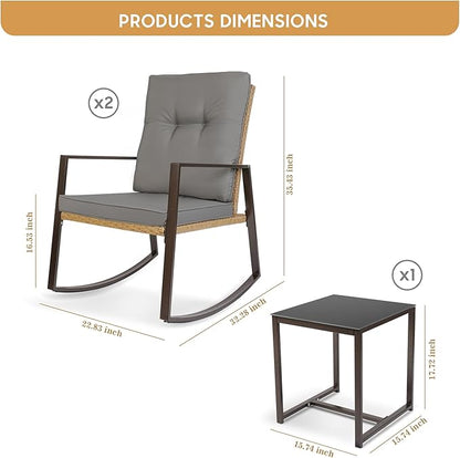 YIYAN 3 Piece Bistro Set Outdoor Patio Rocking Wicker Chairs, Patio Outdoor Furniture Conversation Sets with Porch Chairs,Coffee Table and Washable Cushion(Gray)