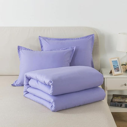 Queen Lavender Purple Comforter Set, Solid Luxury Skin-friendly Boho Bedding Set & Collections, Breathable Fluffy Microfiber 3 PCS (90"x90") Comforter Set for All Seasons with Pillowcases