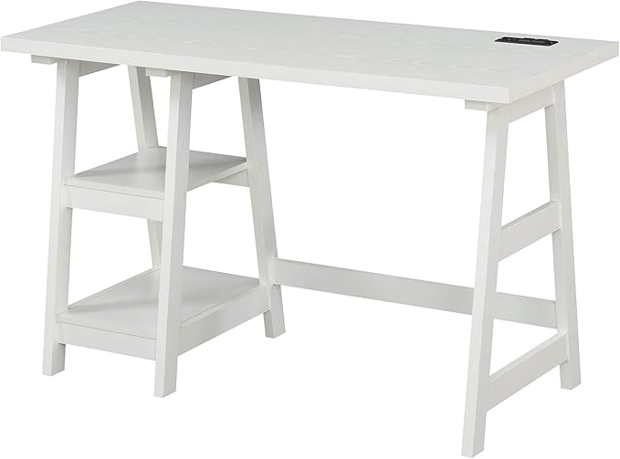 Convenience Concepts Designs2Go Trestle Desk with Charging Station and Shelves, White