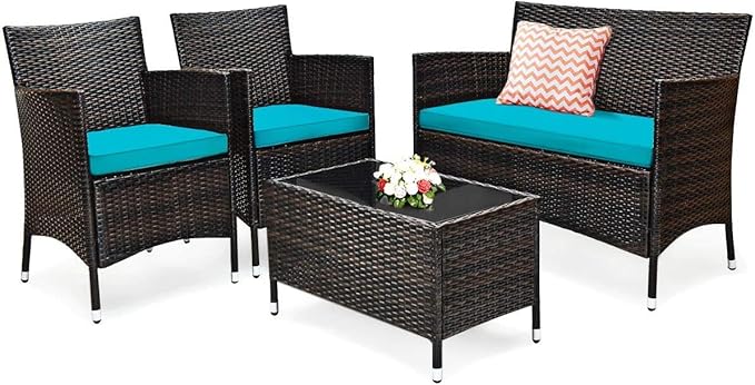 LUARANE 4-Piece Rattan Patio Furniture Set, Outdoor Wicker Sofa Couch Table Set, w/Thick Seat Cushions Tempered Glass Coffee Table, Conversation Set for Lawn Garden Poolside Backyard (Turquoise)