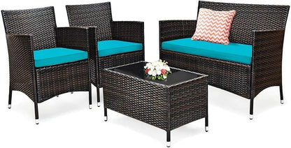 LUARANE 4-Piece Rattan Patio Furniture Set, Outdoor Wicker Sofa Couch Table Set, w/Thick Seat Cushions Tempered Glass Coffee Table, Conversation Set for Lawn Garden Poolside Backyard (Turquoise)