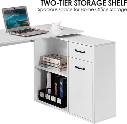 L-Shaped Rotating Computer Desk 68 inch with Storage Shelves Home Office Corner Desk with Drawers and File Cabinet Multipurpose Study Writing Table for Bedroom Small Space White