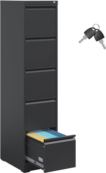 5 Drawer File Cabinet,Metal Filing Cabinets with Lock,Vertical File Cabinet for Home Office,Black Heavy Duty Metal Storage Cabinet for A4/Letter/Legal Size File,Assembly Required