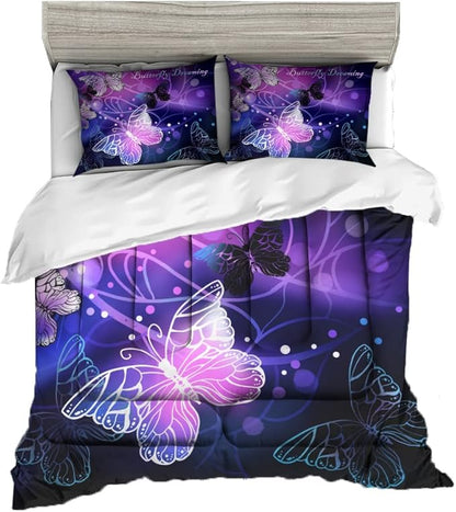 Sunnycitron Butterfly Comforter Set for Girls 3D Purple Butterfly Bedding with Comforter Full Size Girls Comforter Set Neon Butterflies Purple bed comforter full,1 Comforter + 2 Pillowcases