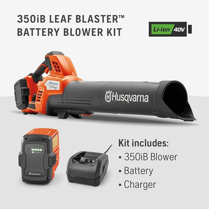 Husqvarna Leaf Blaster 350iB Battery Powered Cordless Leaf Blower, 200-MPH 800-CFM Battery Leaf Blower with Brushless Motor and Quiet Operation, 40V Lithium-Ion Battery and Charger Included