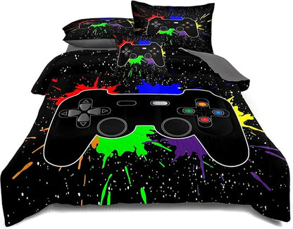 Kids Gaming Bedding Sets, 6 Piece Gamer Comforter Sets for Teens Boys Queen Size for Bedroom Comforter Set Adult 3D Gamepad Microfiber Bedding Sets Fits All Season