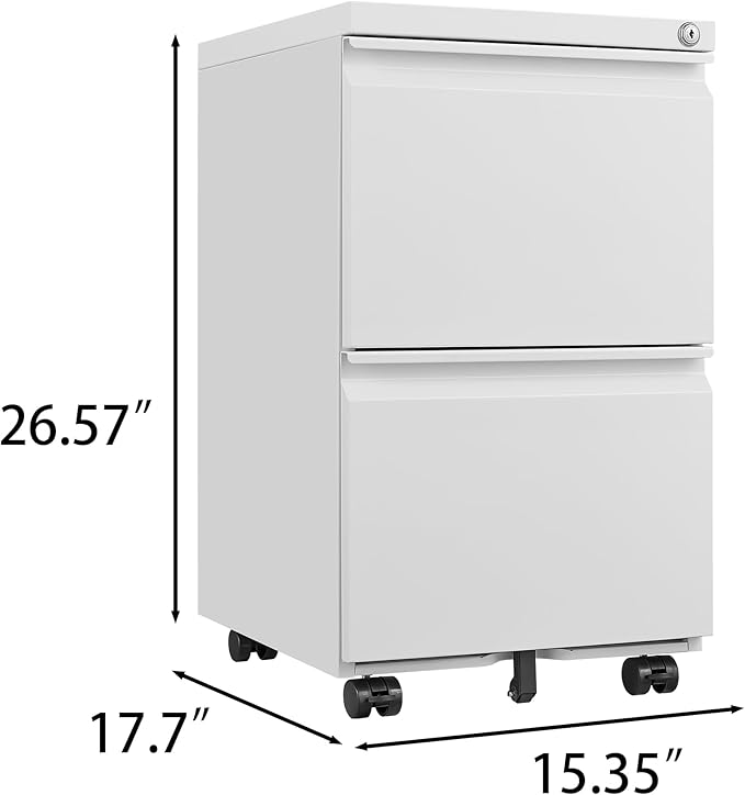 2 Drawer Mobile Lock and Casters,Pre-Assembled Metal Office Storage Filing Cabinets w/Anti-Dumping Fifth Round,for Letter/Legal/A4 Size,White