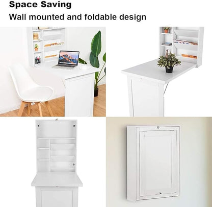 LUARANE Wall Mounted Table, Foldable Multiple-purpose Desk, Fold Out Wood Convertible Writing Desk Bookshelf Cabinet, Large Storage Space, Ideal for Home Office Study (White)