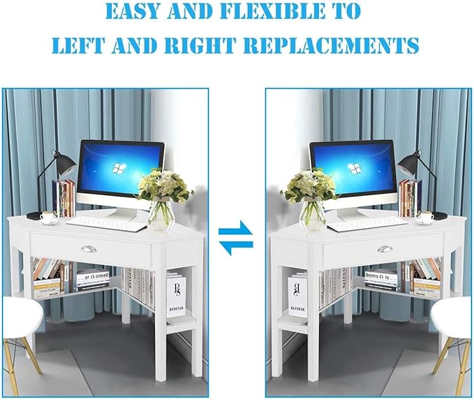 Nightcore Small, Wood Computer Desk, Compact Writing w/Drawer & Storage Shelves, Space Saving Study Workstation, Laptop PC Corner Table, White