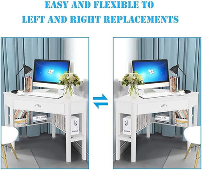 Nightcore Small, Wood Computer Desk, Compact Writing w/Drawer & Storage Shelves, Space Saving Study Workstation, Laptop PC Corner Table, White