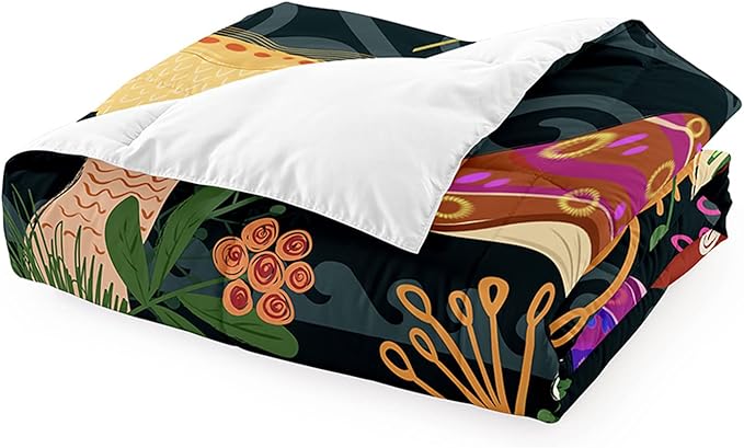 Mushroom Comforter for Girls Boys Teen, Cartoon Fungus Bedding Set Full Size, Cute Plants Pattern Black Comforter Set Soft Breathable Microfiber Quilt for All Season 3Pcs with Pillowcases