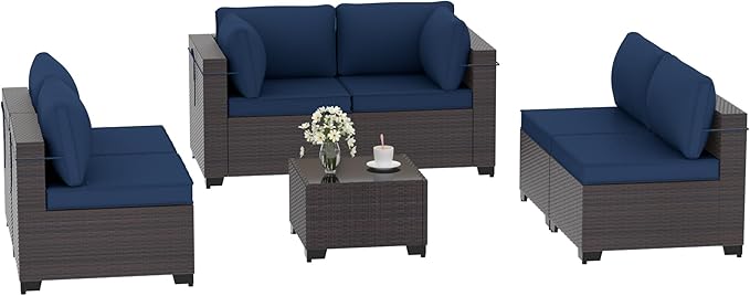 Patio Furniture Set 7-Pieces Outdoor Furniture for Backyard Wicker Sectional Sofa Set, Rattan Patio Conversation Set with Thickened Cushions and Glass Coffee Table, Navy Blue