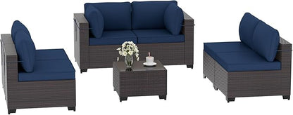 Patio Furniture Set 7-Pieces Outdoor Furniture for Backyard Wicker Sectional Sofa Set, Rattan Patio Conversation Set with Thickened Cushions and Glass Coffee Table, Navy Blue