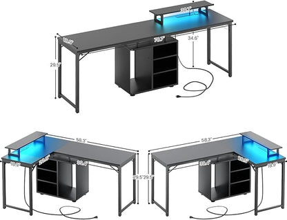 Cyclysio L Shaped Computer Desk, 58'' Reversible Gaming Desk with LED Strip & Adjustable Monitor Stand, Office Desk with Black Cabinet & Outlets, Corner Desk 2 Person Writing Study Table, Black