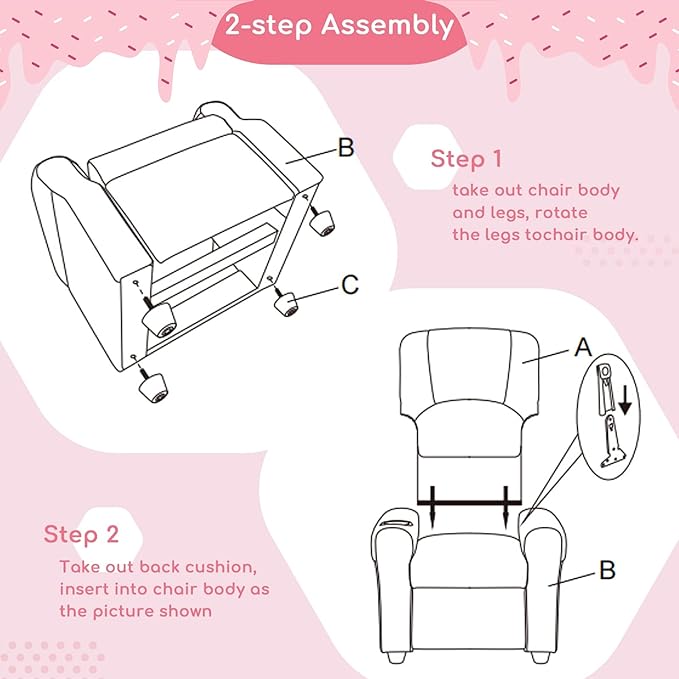 JC HOME CANDY Kids Chair Leather Recliner Sofa Toddler Youth Children Child Ages 3-7, Blush Pink