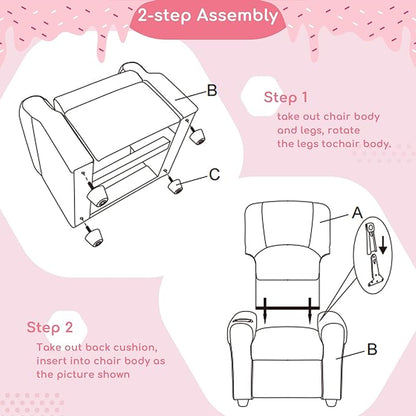 JC HOME CANDY Kids Chair Leather Recliner Sofa Toddler Youth Children Child Ages 3-7, Blush Pink